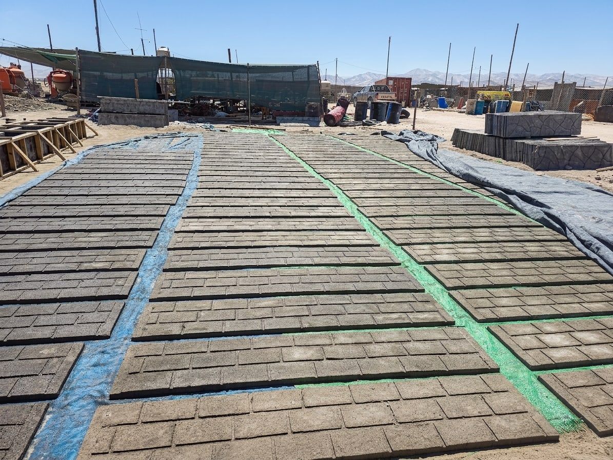 Filas de placas de concreto recién vaciadas, curando en el patio de la planta
