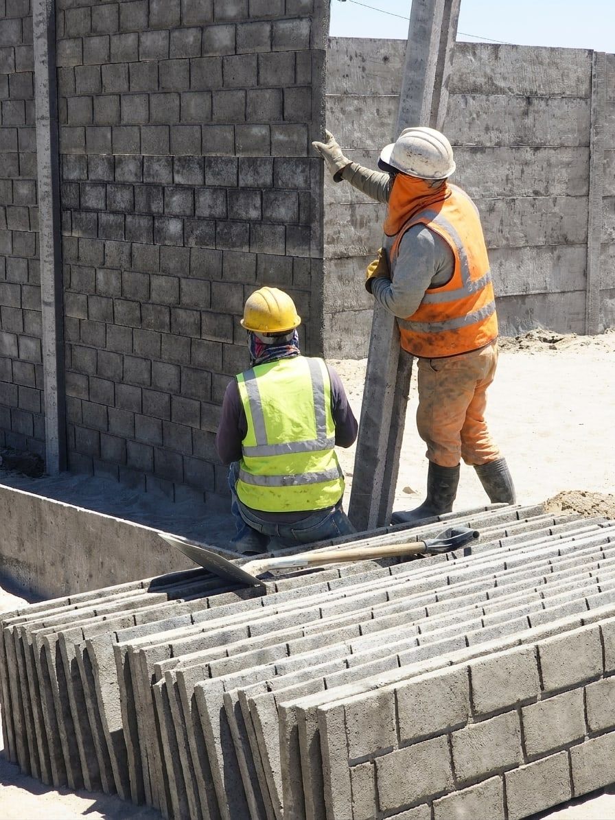 Dos operarios colocan una columna de concreto junto a placas listas para montar