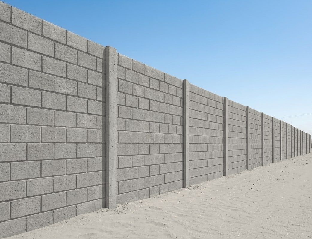 Cerco estándar con diseño ladrillo que se pierde en perspectiva sobre la arena