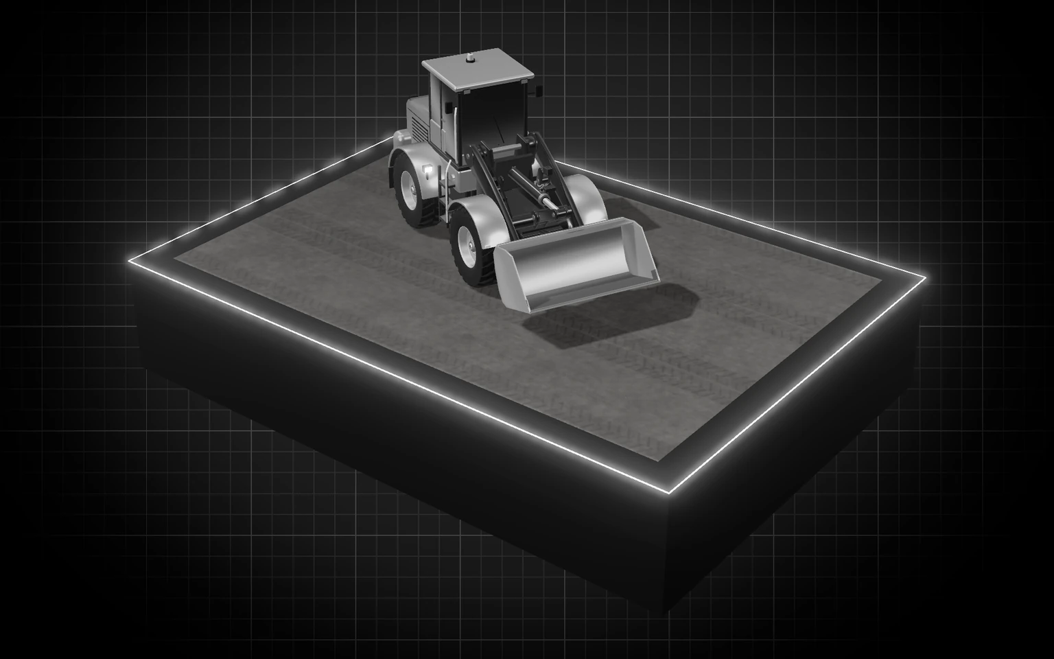 Maqueta 3D: Cargador frontal nivelando un terreno